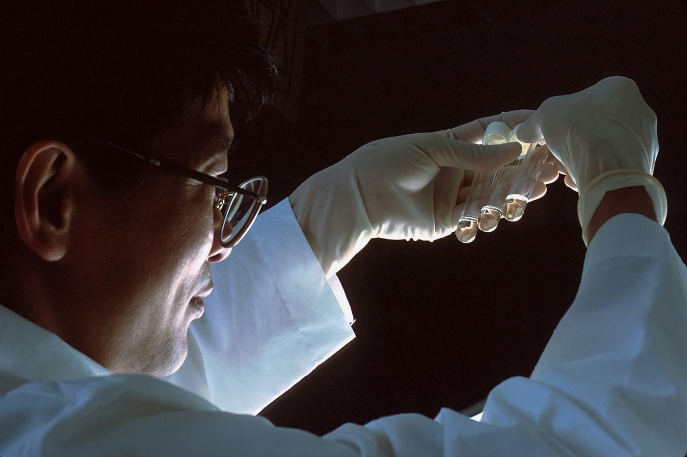 Investigador a observar tubos de ensaio em laboratório